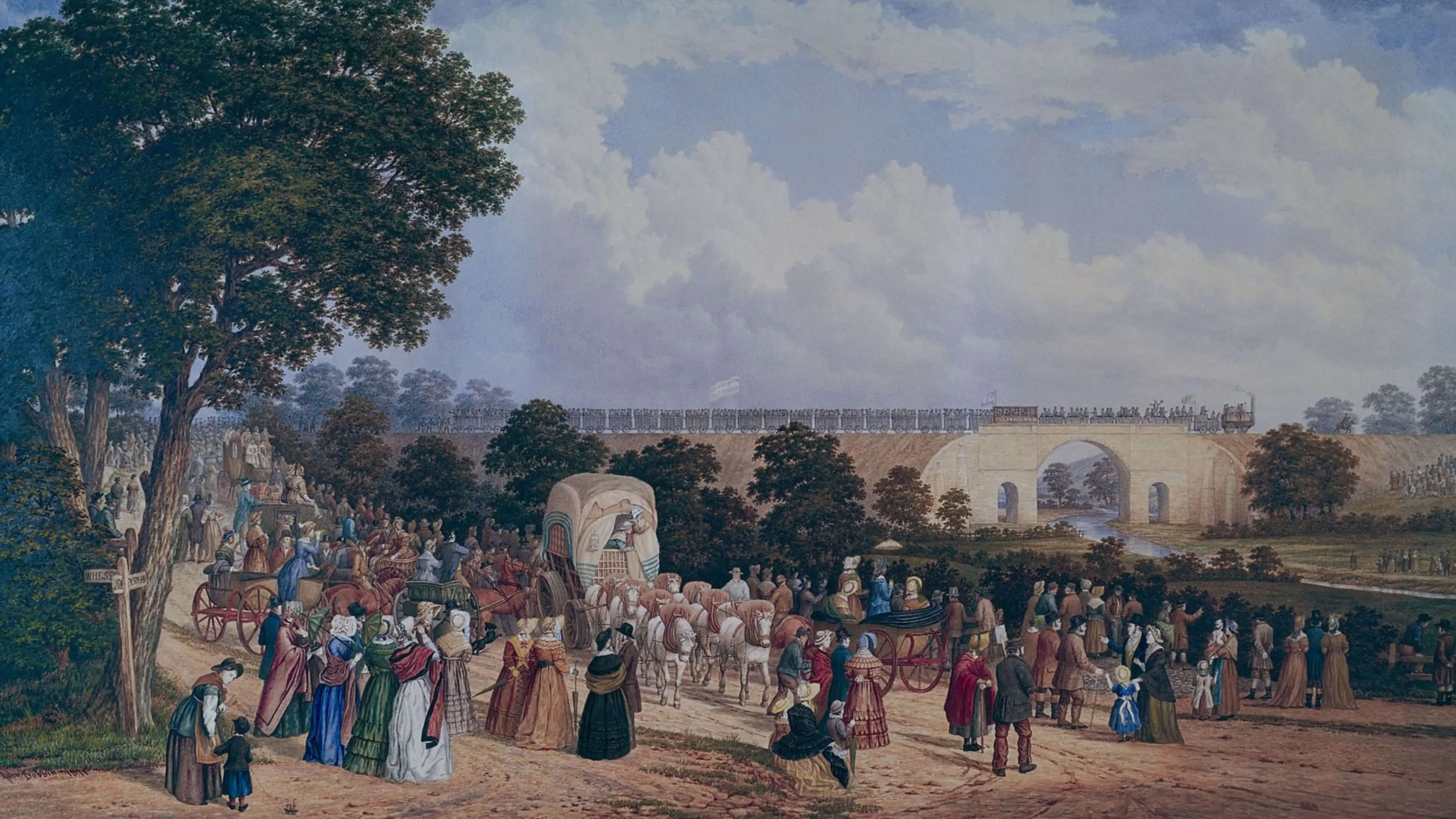 Painting depicting Locomotion No.1 hauling passengers and freight across Skerne Bridge