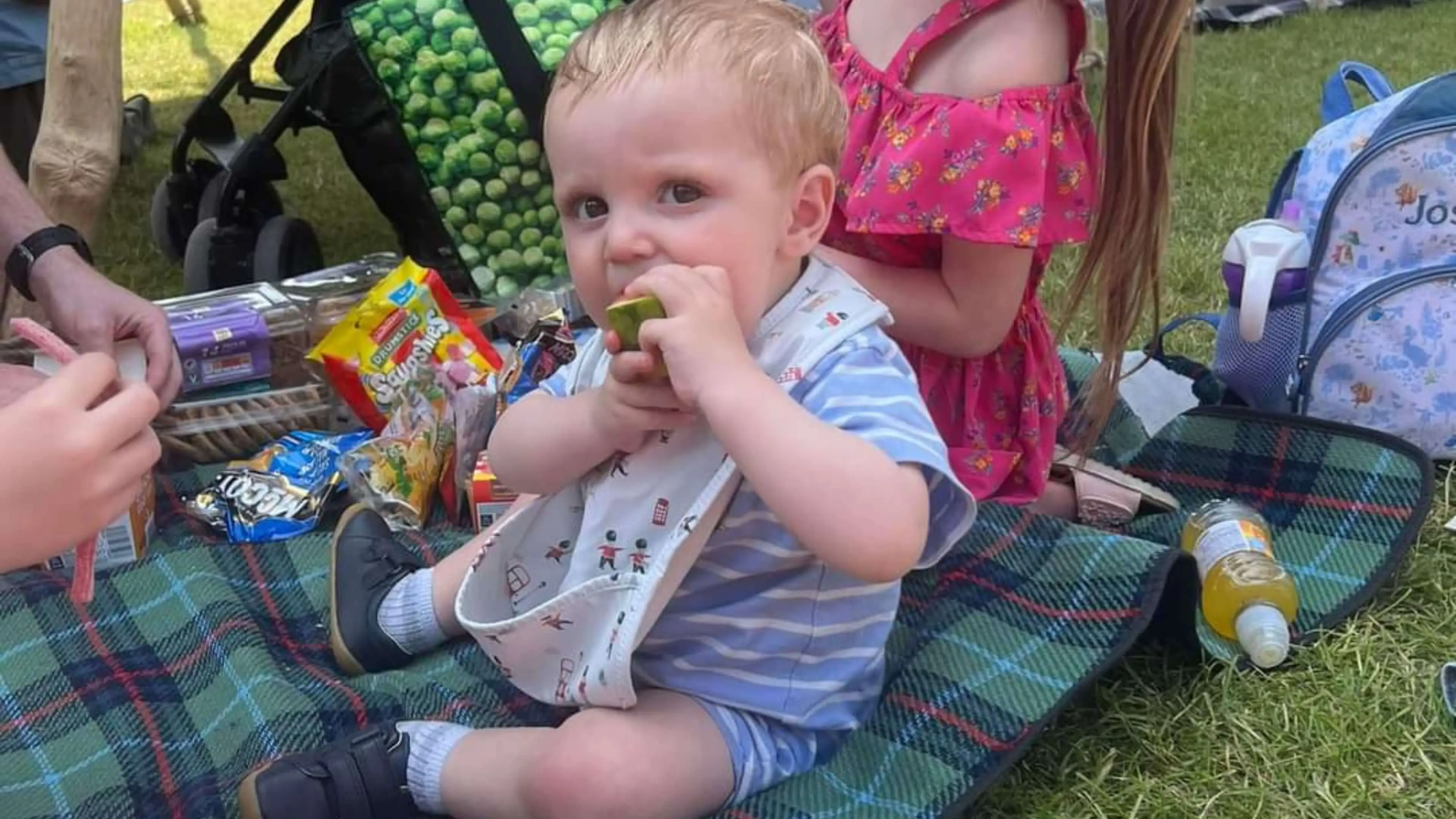 Young boy eating food at a picnic