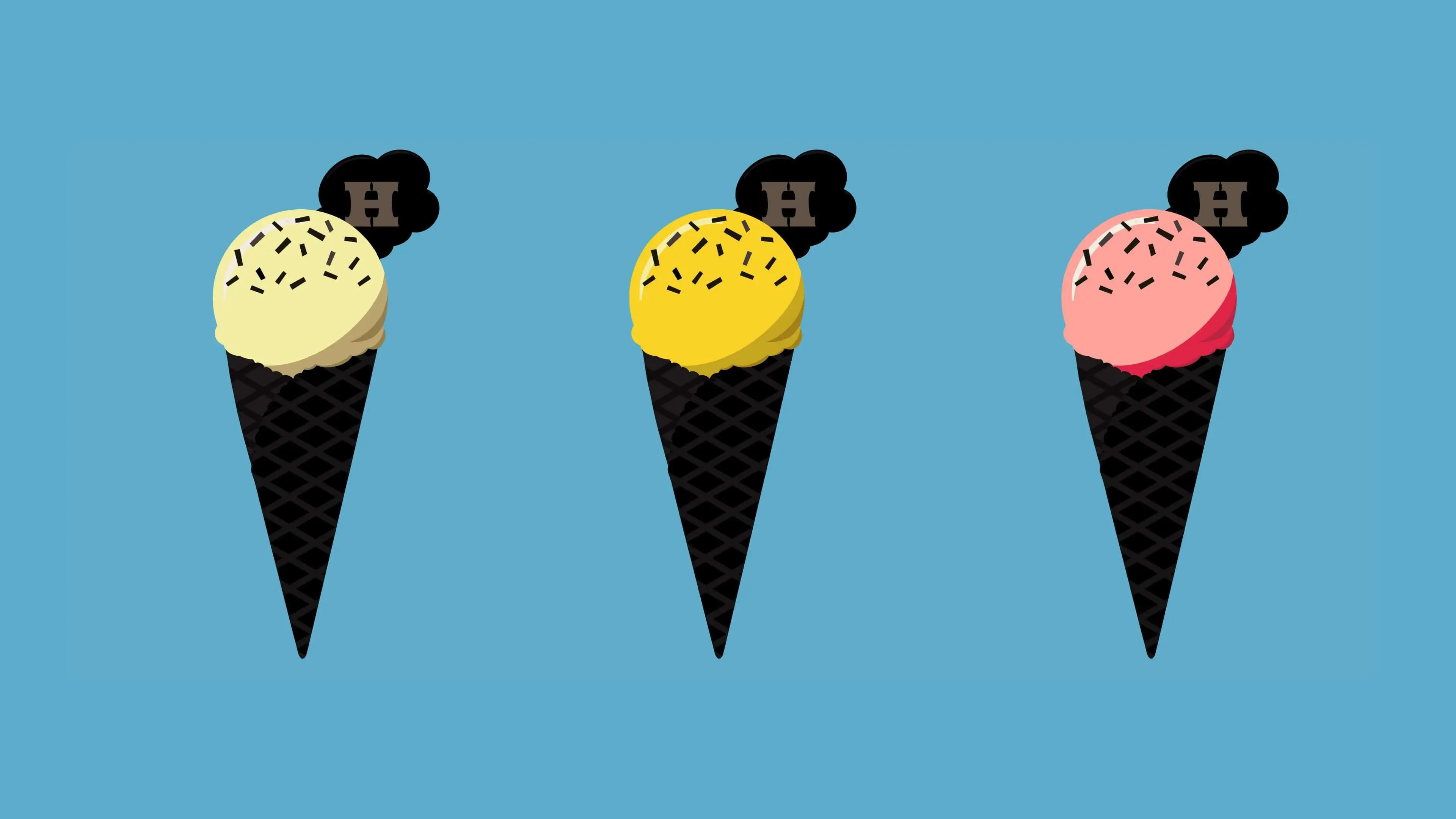 A drawing of our infamous ice cream which is ice cream in a black cone, with black sprinkles and a black wafer